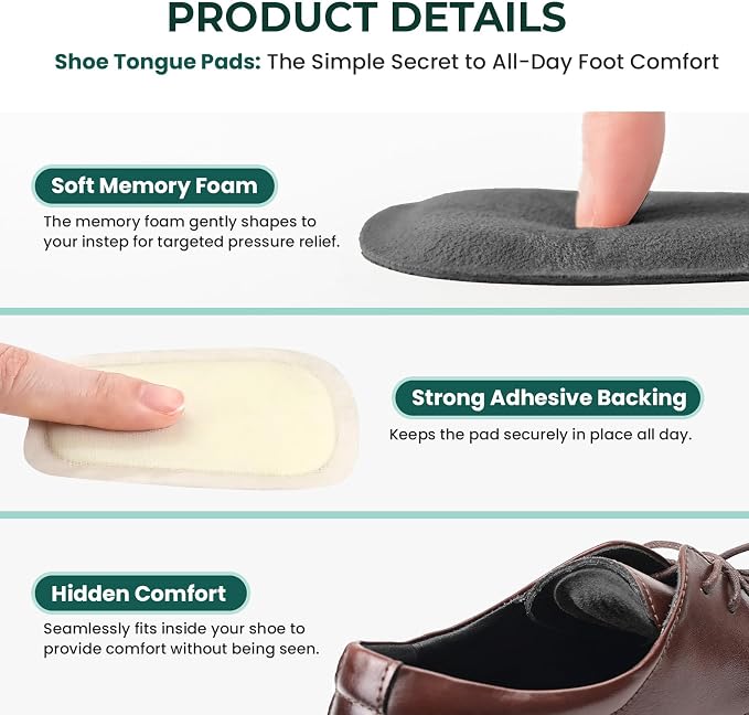 Shoe Tongue Pads for Men & Women - Welnove 4 Pairs Suede Memory Foam Shoe Padding Cushion Soft Self Adhesive Inserts Filler for Boots, Leather Shoes, Dress Shoes, Loafers (Black, Size S)
