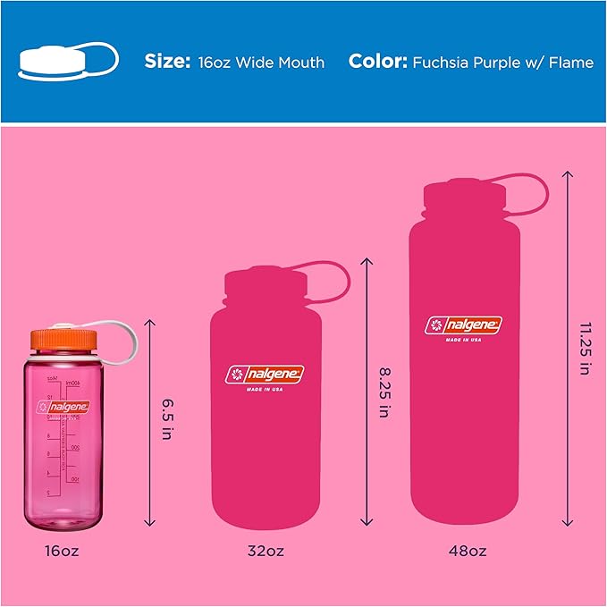 Nalgene 16 oz Wide Mouth Water Bottle | Slim Cup Holder Size, BPA-Free, Durable & Leak Proof Travel Bottle – Thrill & Motion, Fuschia Purple w/Flame