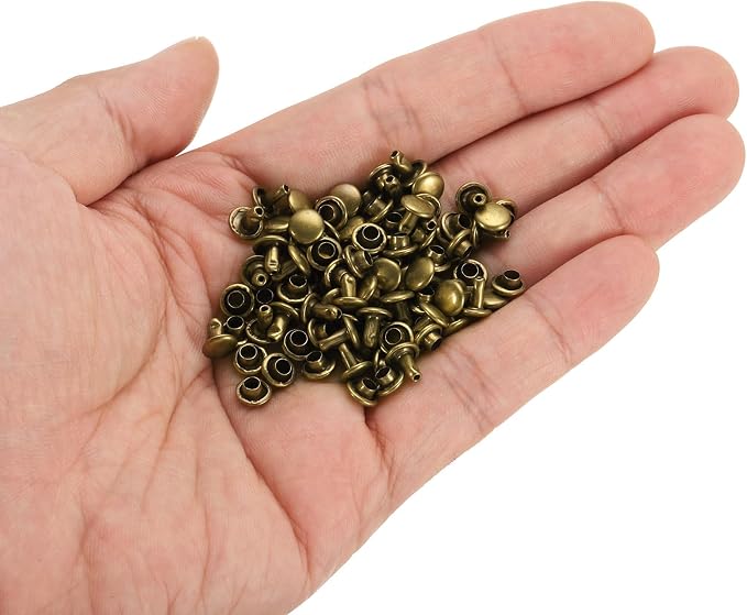 HARFINGTON 100 Sets Double Cap Leather Rivets, 6x6mm Round Cap Tubular Metal Studs Leather Crafting Rivets for Fabric Belt Pet Collar Boot Bag Repair and Decoration, Bronze