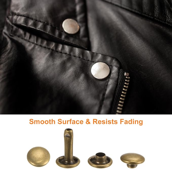 HARFINGTON 100 Sets Leather Rivets 10 x 7mm Metal Double Cap Rivet Snaps Studs Fasteners with 3pcs Setting Tools Rivets for Leather Craft DIY Repair Decoration, Bronze