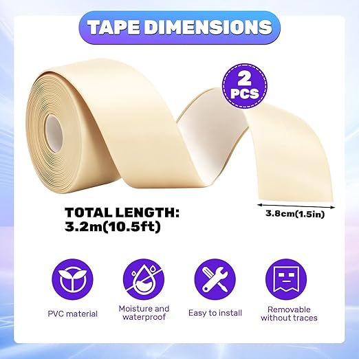 LELE LIFE 2 Rolls Caulk Tape Waterproof Self Adhesive, Toilet Caulk Strip Sealant Tape Sealing Strip for Bathroom, Kitchen, Shower, Bathtub Caulking Tape, 1.5" x 10.5Ft, Beige