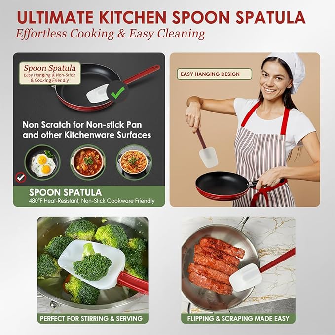 Commercial Spoonula Rubber Spatula Set, High Heat Spatula Spoon 9.5 Inches, Commercial Spatula for Cooking, Rubber Spatula Set Resistant to 500℉ (1 Scrapers+1 Spoonula 14"/M)