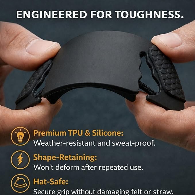 Cowboy Hat Retainer, Silicone Hat Size Reducer Rodeo | hard sweatband fit, leather band compatibility, hidden interior grip, wind control, felt and straw styles, rider accessory