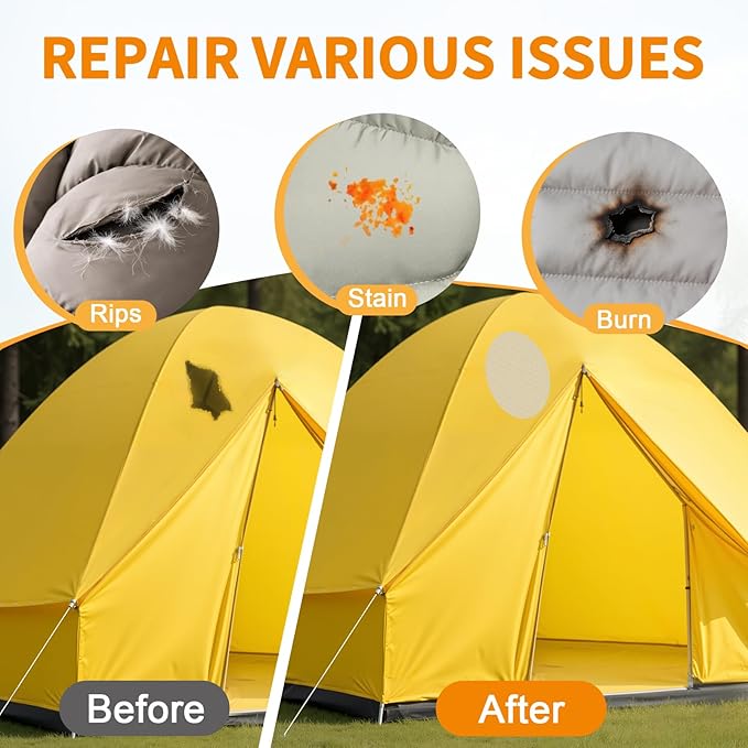 Waterproof Nylon Fabric Repair Tape Tent Repair Kit, 4pcs Outdoor Gear Tenacious Fix Tape, Self-Adhesive Fabric Patches for Clothes, Down Puffer Jacket, Tent, Sleeping Bag, Backpack, Beige