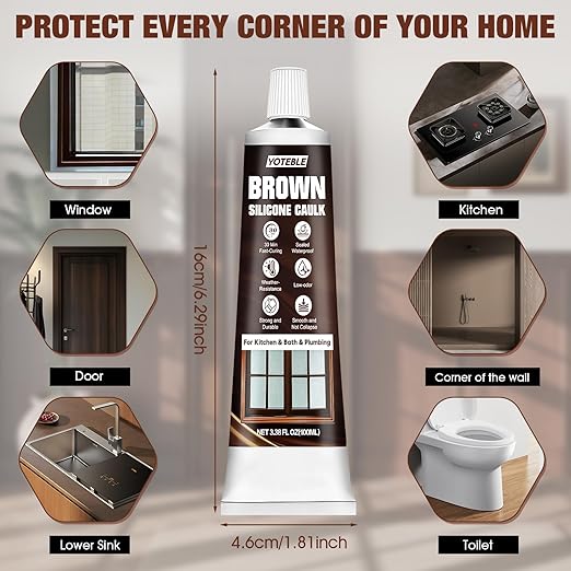 Brown Caulk, Shrink & Crack Proof Brown Silicone Caulk for Kitchen Bathroom Window Toilet Sink Door Caulking Sealant, Waterproof Stronger Adhesion, All Purpose, 100ML