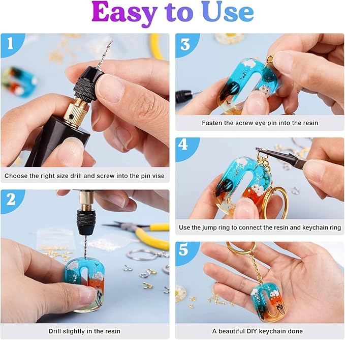 LET'S RESIN Electric Drill, 74Pcs Mini Drill with 3-Jaw Clamp-Applicable to A Larger Drilling Range (0-3mm), Keychain Making Kit, Jewelry Making Kit, Electric Hand Drill for Jewelry, Resin, Plastic