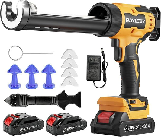 Electric Caulking Gun, Battery Powered Caulk Gun with 2 x 2000mAh Batteries, 9pcs Caulk Remover Tool, 6 Adjustable Speeds, Dripless Auto Retract, LED Light Silicone Gun for Filling, Sealing