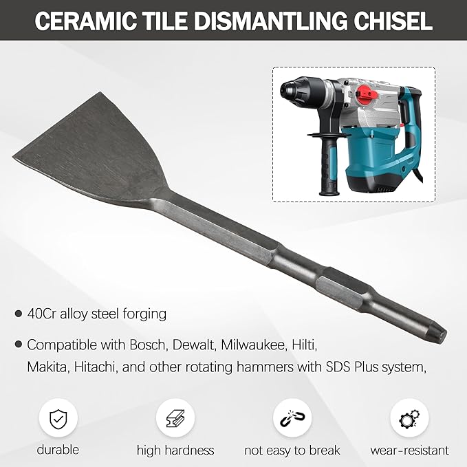 3-Inch Plus Tile Removal Chisel, 1 Pcs Wide Cranked Angled Bent Chisel - Heavy Duty Demolition Tool for Tile, Flooring & Masonry Removal 1 Pcs