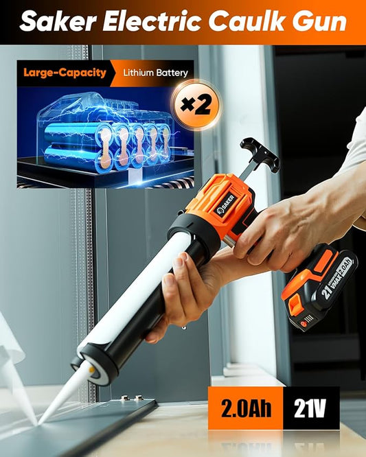 Saker Electric Caulking Gun Cordless Caulk Gun Drip-free with Caulking Tools 4 Adjustable Speeds with LED Light 10oz/300ml for Kitchen Bathroom Filling, Sealing 2 Batteries