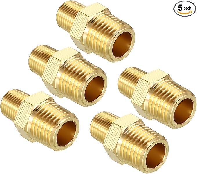 Pack of 5, 1/4" MNPT to 1/8" MNPT Solid Brass Hex Nipple Hose Connectors, Male Pipe Adapter for Pipe Leak Repair, Bathroom Remodeling, Tool Extensions, Compression