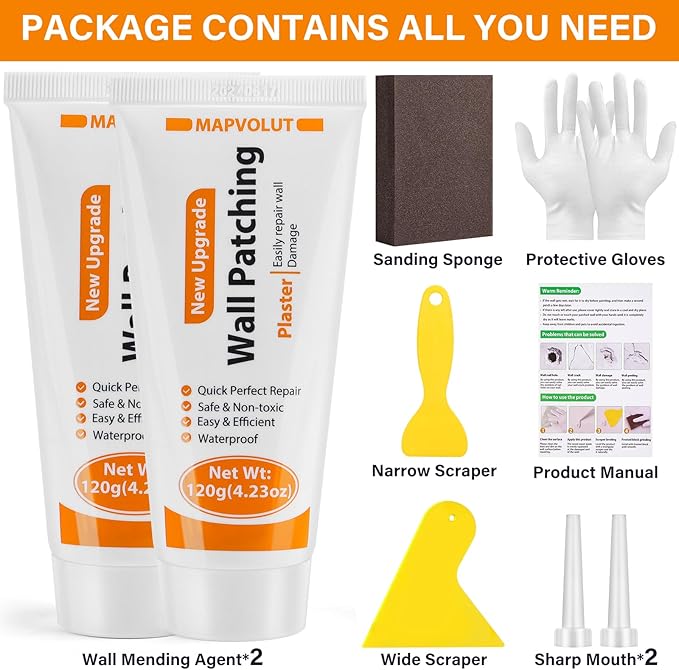 MAPVOLUT Drywall Repair Kit, 2 Pack Wall Mending Agent with 2 Scraper, Proective Gloves, Quick and Easy Solution to Fill The Holes and Crack for Home Wall, Plaster Wall Dent Repair