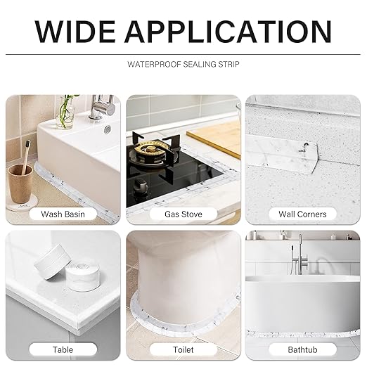 3 Rolls 10.5 Feet Caulk Tape Toilet Caulking Strip Self Adhesive Bathroom Sealing Peel and Stick Caulk Strip for Bathtub, 1.5 Inches (White Marble)