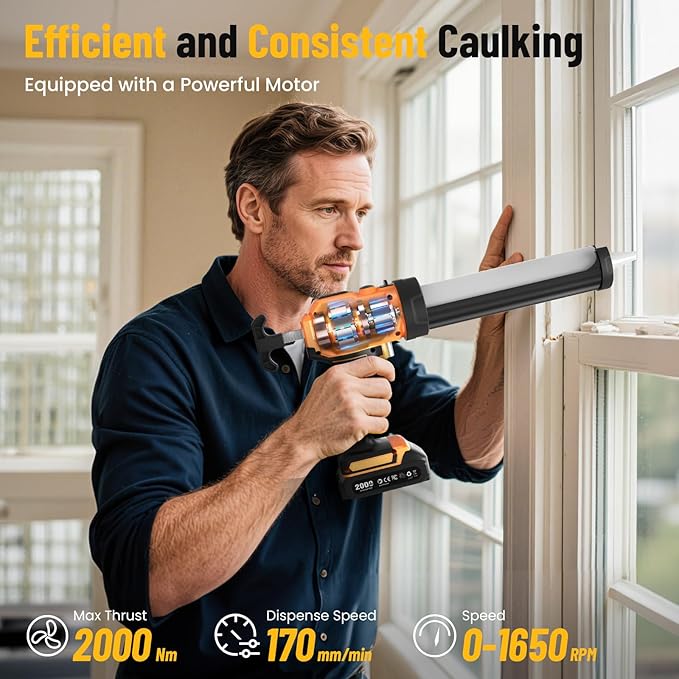 Electric Caulking Gun, Cordless Caulking Gun with 2x 2000mAh Batteries, 9Pcs Silicone Caulking Tools, 4 Adjustable Speeds, LED Light, 10OZ Battery Silicone Gun for Filling, Sealing (Yellow)
