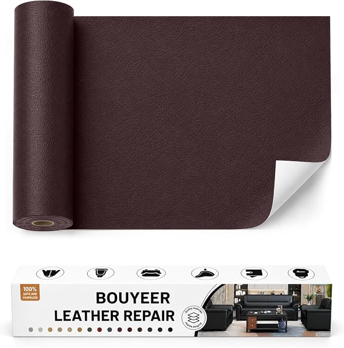 BOUYEER Leather Repair Patch Tape Kit,Self Adhesive Leather Repair for Sofa，Car Seat,Office Chair,Furniture,Jacket,Waterproof Strong Adhesive Vinyl Repair Kit. 17 in x 79 in,Dark Brown