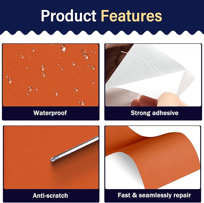 Zenyao Leather Repair Patch Tape - Self Adhesive Leather Repair Kit for Car Seat Furniture, Heavy Duty Vinyl Repair Patch for Couch Sofa, Waterproof Fix for Tears, 16x30 Inch Roll, Orange