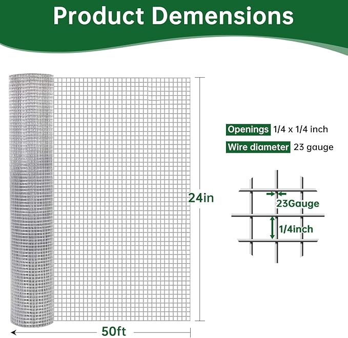 Amagabeli Galvanized Hardware Cloth 1/4 inch 24inx50ft 23 Gauge Chicken Wire Fence Welded Wire Mesh Roll Plant Supports Poultry Netting Garden Bed Animal Cage Snake Rabbit Wire Gopher Rodent Proof