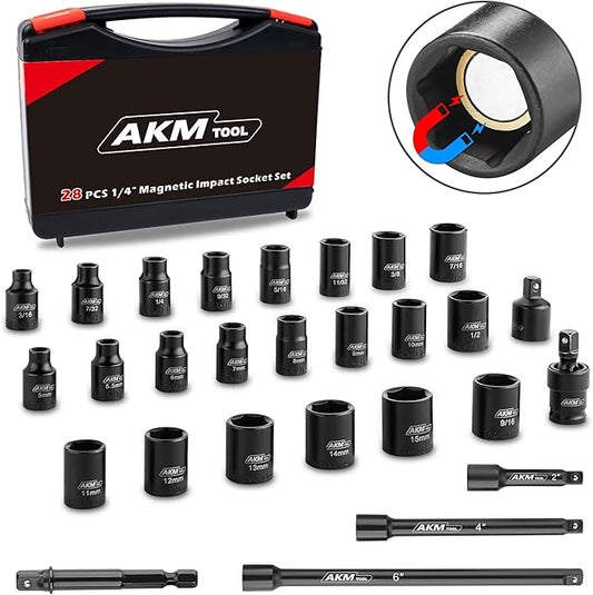 1/4 Inch Drive Magnetic Impact Socket Set, 28-Piece SAE/Metric, 1/4 Inch-9/16 Inch, 5mm-15mm, 6 Point, Cr-Mo, Square Drive, with Impact Socket Adapter, Universal Joint & Extension
