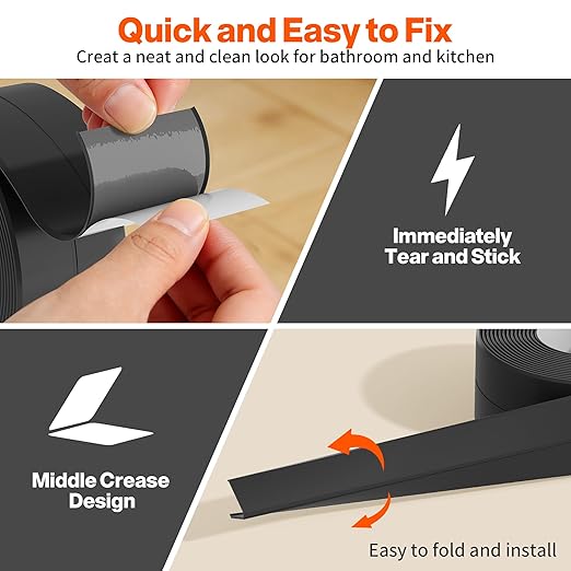 Dstorelhp 2 Rolls Black Caulk Tape Waterproof Self Adhesive, Decorative Caulking Tape for Kitchen, Countertop, Bathroom, Sink, Bathtub, Toilet, Shower (1.5" x 10.5Ft)