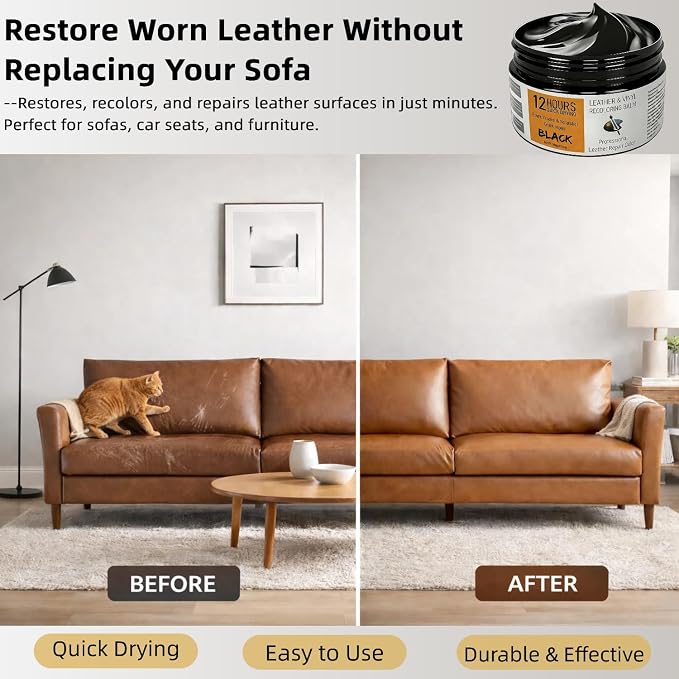 Leather Recoloring Balm 3.53Oz, 12H Quick-Dry Leather Vinyl Repair Cream Kit for Furniture, Couches & Car Seats- Restore Scratched, Faded, & Damaged Surfaces, Waterproof Restorer Gray
