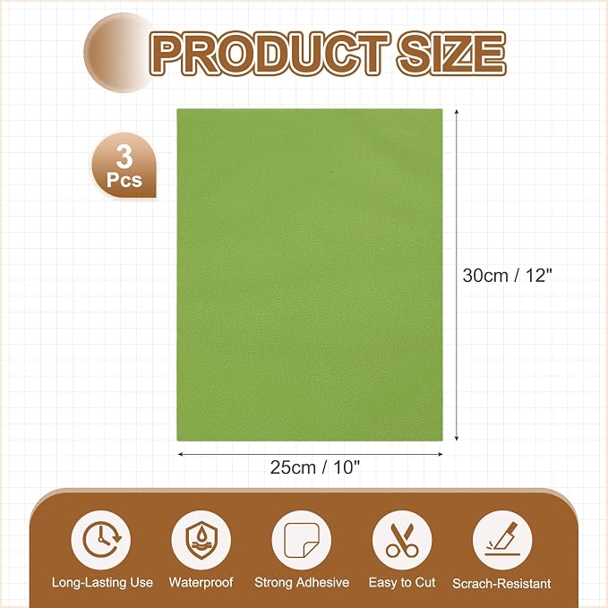 MECCANIXITY 3 Pcs Leather Repair Patch 10"x12" Self-Adhesive Leather Vinyl Repair Tape Kit for Furniture Couches Sofa Chair Car Boat Seats Jackets, Light Green