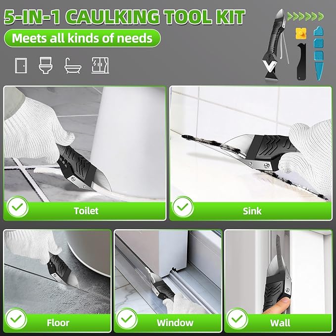 5 in 1 Silicone Caulking Tool Kit, Caulk Remover Tool with Stainless Steel Head,Caulk Finishing Tool with Different Angles,Grout Removal Tool for Kitchen Sink Washroom Bathroom Toilet Caulking (White)