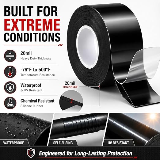 Self-Fusing Silicone Tape 1" x 5' x 20mil – Waterproof Emergency Repair Tape for Radiator Hoses, Pipes & Electrical Wiring – Heat Resistant, Insulating, Chemical Resistant, No Residue, Black