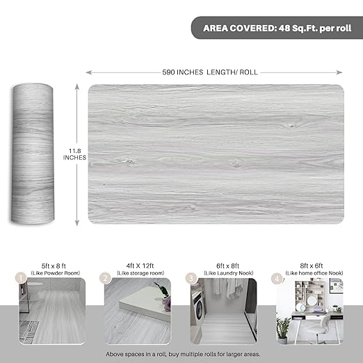 Wood Grain Peel and Stick Floor Tiles – 11.8” Width, Full Roll Length of 590" – Versatile Design for Any Space, Light Color Self Adhesive Vinyl Flooring, Waterproof and Non-Slip Features