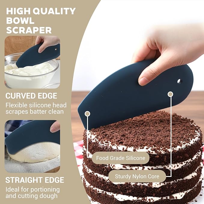 Dough Scraper Tool, 2Pcs Silicone Bowl Scraper Curved Edge Flexible Kitchen Pastry Scrapers for Bread, Cake, Batter, Cheese, Cream, Honey, Jam(Blue, Black)