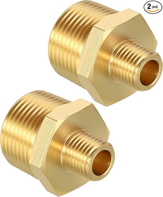 Pack of 2, 3/4" NPT Male to 1/4" NPT Male Solid Brass Hex Nipple Hose Connectors, Male Pipe Adapter for Pipe Leak Repair, Bathroom Remodeling, Tool Extensions, Compression