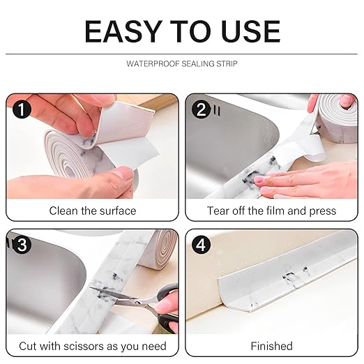 3 Rolls 10.5 Feet Caulk Tape Toilet Caulking Strip Self Adhesive Bathroom Sealing Peel and Stick Caulk Strip for Bathtub, 1.5 Inches (White Marble)