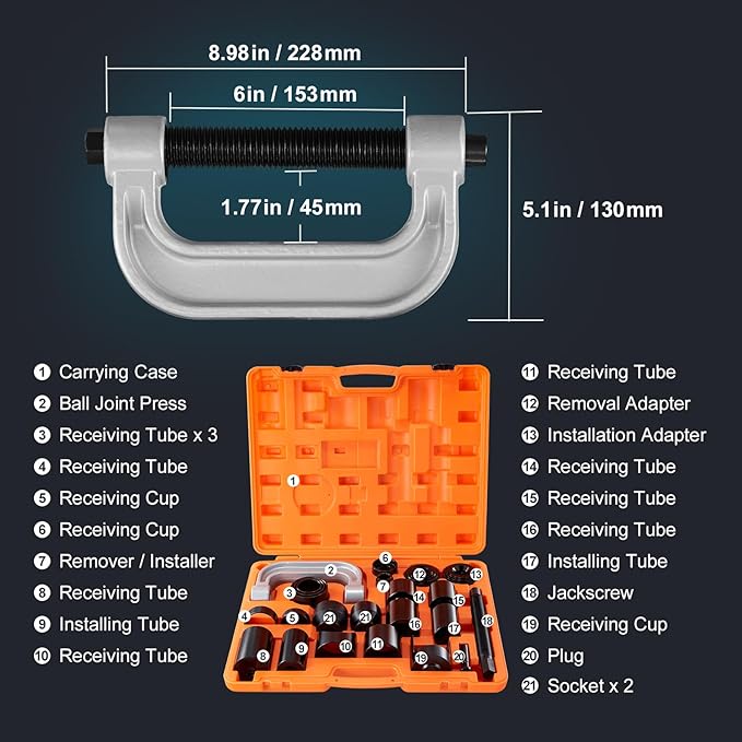 VEVOR Ball Joint Press Kit, 23 pcsTool Kit, C-Press Ball Joint Removal and Install Tools, for Most 2WD and 4WD Cars, Including 2-9/64 Inch,1-59/64 Inch Ball Joint Sockets Compatible with Chrysle