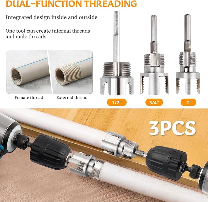 3Pcs Integrated Internal & External Pipe Threading Tool, Bestgle Dual-Function Pipe Thread Cutting Tool for 1/2" & 3/4"& 1" PVC/Plastic Pipes, Electric Drill Compatible Pipe Threader Kit