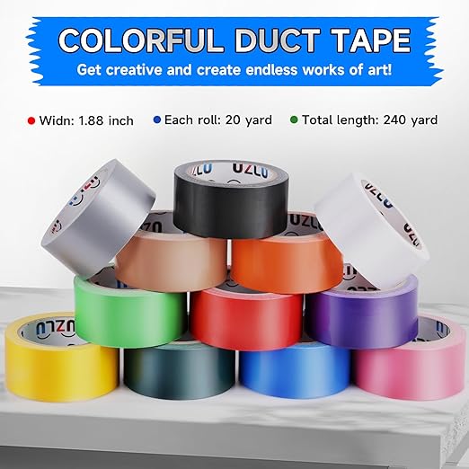 12PCS Rainbow Colored Duct Tape Bulk, 20 Yards x 1.88 Inch Heavy Duty Waterproof, No Residue, Bright Colors and Patterns for Packaging, Arts, Crafts, Color-Coding, DIY Projects