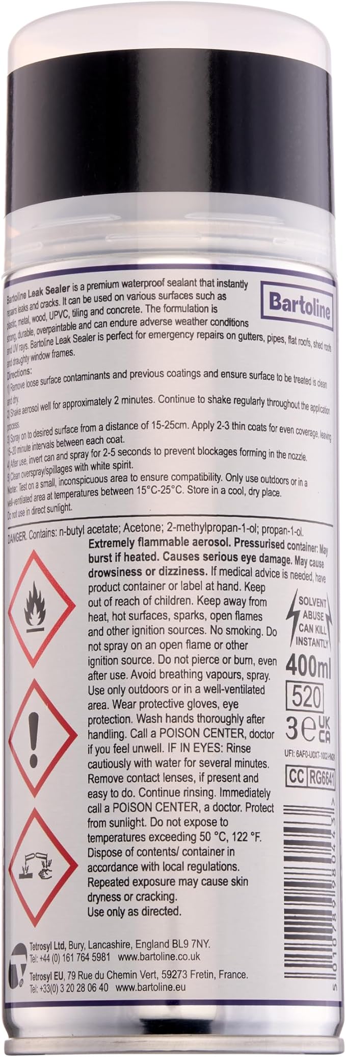 Bartoline Leak Sealer Spray, Black, 13.5 oz - Waterproof Sealant for Roofs, Gutters, Pipes, Cracks & Outdoor Repairs Durable & Overpaintable - 400 ml