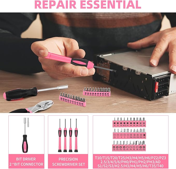 144-Piece Pink Tool Kit Basic Home Repair Tool Set General Household Hand Tool Kit Small Tool Kit with Plastic Toolbox basic home tool kit for Women, Office & College Repairs