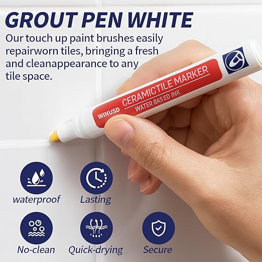Grout Pen White | Waterproof Tile Grout Marker Repair Kit for Kitchen & Bathroom | Touch Up Paint | Bright White Grout Colorant - Fast Drying, Covers Stained Grout Lines on Floor, Shower Tiles(2Pcs)