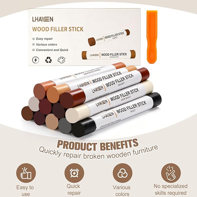 Wood Filler Sticks, 12 Colors Wood Repair Crayons for Scratches, Cracks, Nail Holes, Stains - Furniture Touch Up Wax for Floors, Cabinets, Tables, Doors