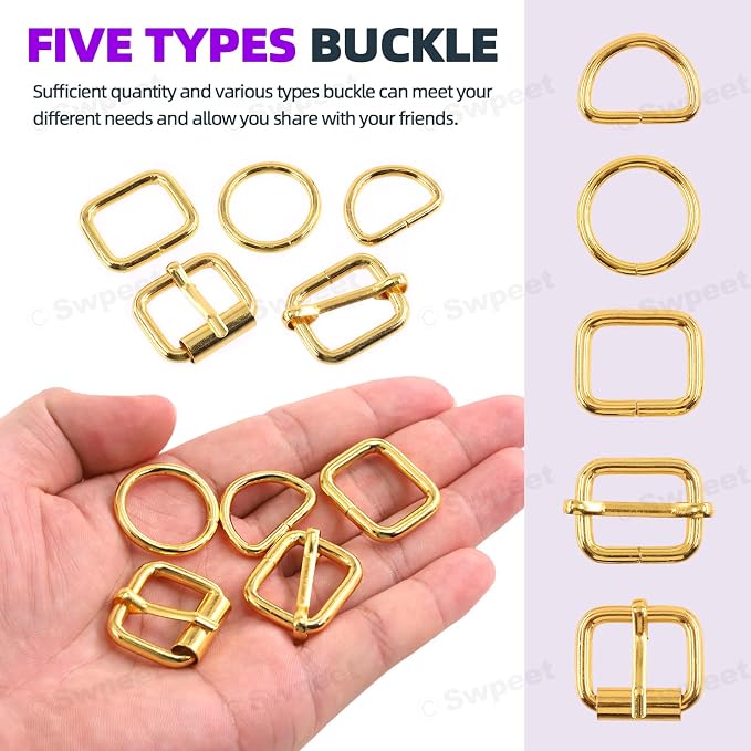 Swpeet 5 Style Metal Buckles - Adjustable Slide, D Ring, Circular Ring