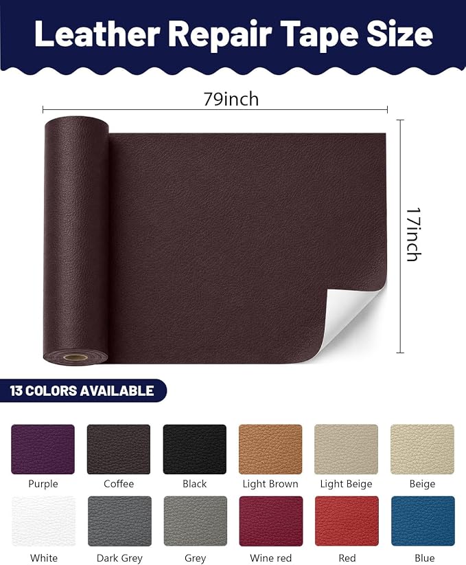 BOUYEER Leather Repair Patch Tape Kit,Self Adhesive Leather Repair for Sofa，Car Seat,Office Chair,Furniture,Jacket,Waterproof Strong Adhesive Vinyl Repair Kit. 17 in x 79 in,Dark Brown
