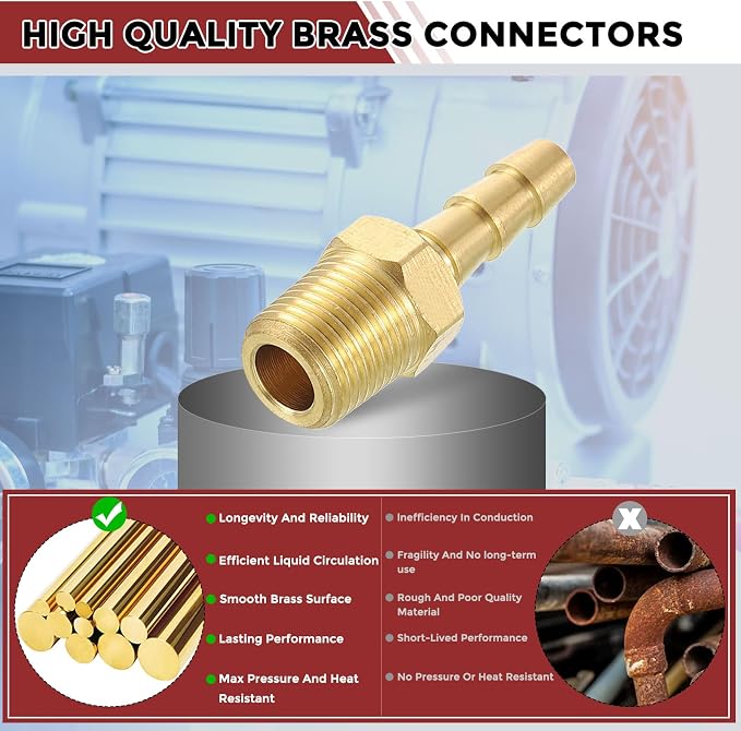 Pack of 3 Brass Hose Barb Fittings Adapter Connector 3/16" Hose Barb to 1/8" NPT Male Fittings for Home Machines, Massage Bathtubs, and Irrigation Systems