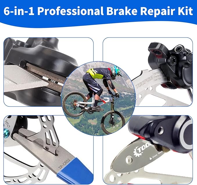 6-in-1 Bike Maintenance Kit, Hydraulic Piston Press Bicycle Disc Brake Repair Tool Set for Mountain Bikes & MTB - Includes Piston Press, Rotor Truing Fork, Disc Brake Gap Regulator
