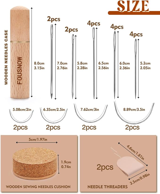 FOUSNOW 28 Pcs Heavy Duty Hand Sewing Needles Kit, Upholstery Needles for Hand Sewing, Sewing Needle Kit with Wooden Sewing Needles Cushion for Leather, Sofa, Canvas, Repair Sewing Craft