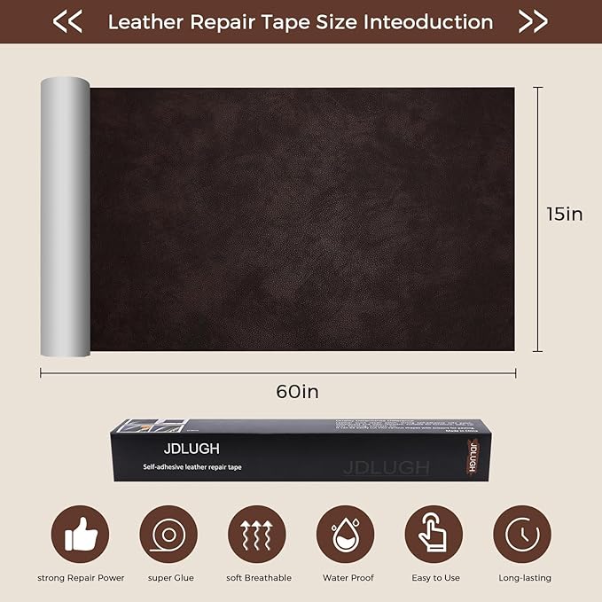 JDLUGH Sofa Leather Repair Patch Tape, Large Self Adhesive Couch, Car Seat, Office Chair, Leather Furniture, Vinyl Repair Patch Kit for Furniture (15x60 Inch, Dark Brown)