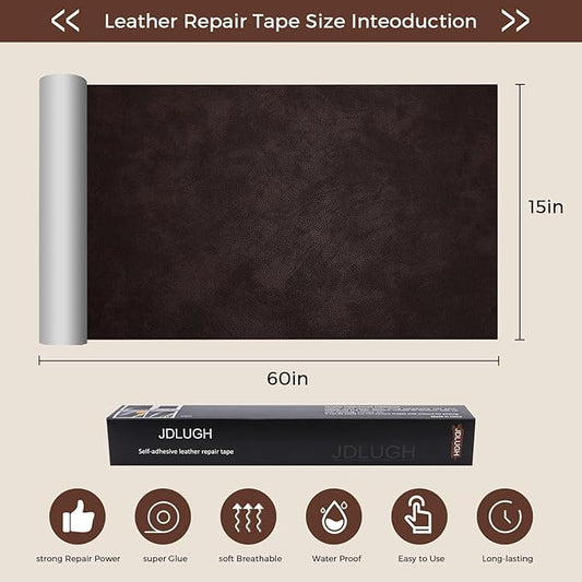 JDLUGH Sofa Leather Repair Patch Tape, Large Self Adhesive Couch, Car Seat, Office Chair, Leather Furniture, Vinyl Repair Patch Kit for Furniture (15x60 Inch, Dark Brown)
