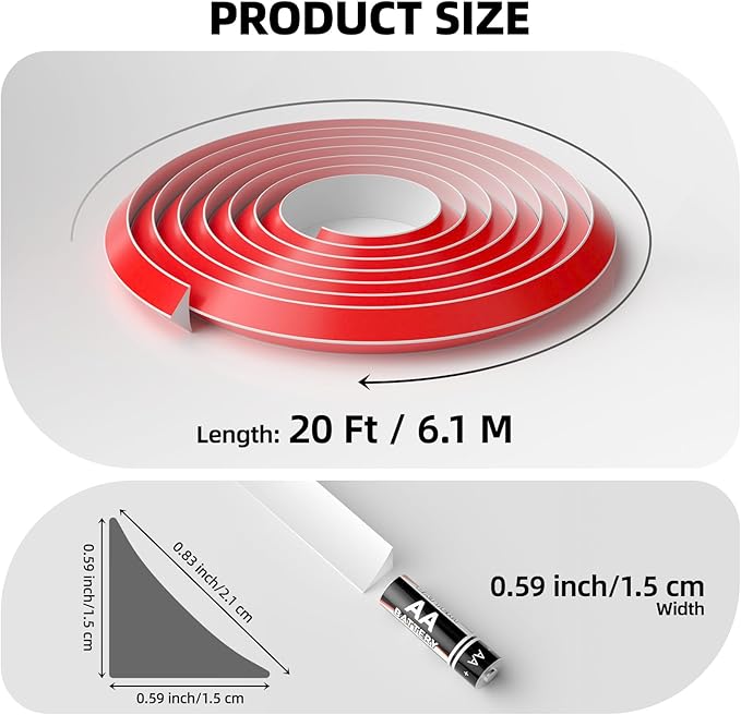 20Ft Quarter Round Trim L-Shaped Bendable Silicone Self-Adhesive Peel and Stick Molding for Floor Edge, Wall Corner, Stairs, Cabinet & Tub, White