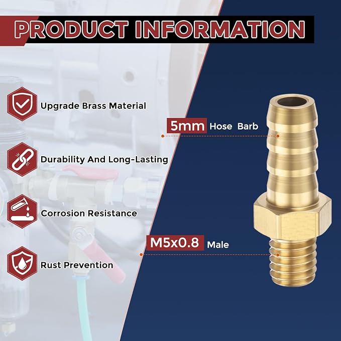 Pack of 2 Brass Hose Barb Fittings Adapter Connector 5mm Hose Barb to M5x0.8 Male Fittings for Home Machines, Massage Bathtubs, and Irrigation Systems