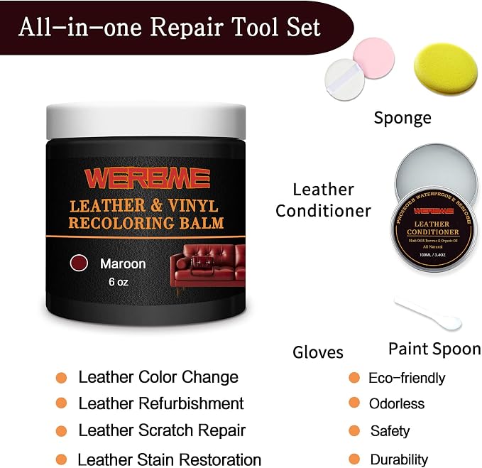 Leather Recoloring Balm & Mink Oil Leather Conditioner, Maroon | Restores faded leather, waterproof, scratch repair for couches, car seats, shoes & bags, Complete kit with mink oil & tools