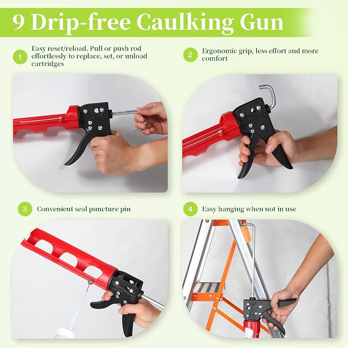Drip-free Caulking Gun Ratchet Rod Silicone Gun Sealant Dispenser Joint Grouting Gun 15:1 Thrust Ratio Labor-Saving Lightweight Nylon Frame Cartridge Gun for 10oz/300ml Standard Caulk Tubes