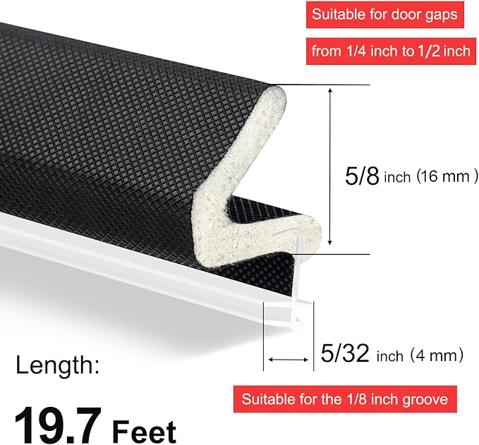 Extra Long Kerf Weather Stripping Door Seal for Large Gaps and Easy Installation (19.7FT, Black)