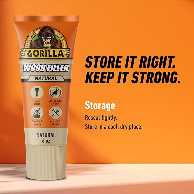 Gorilla All Purpose Wood Filler, Natural Color, 6 Ounce Tube (Pack of 2) - Water Resistant for Indoor or Outdoor Projects and Repairs